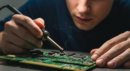 Close-up of technician repairing electronic circuit board with soldering ironの素材
