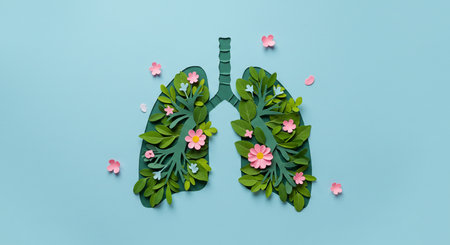 Lungs made of green leaves and flowers on blue background.の素材