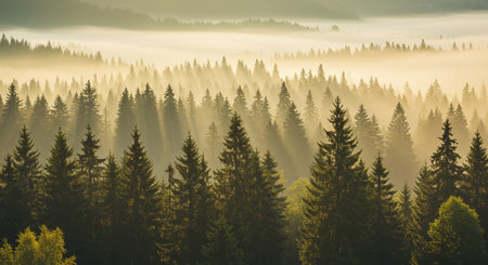 Foggy morning in the coniferous forest. Panoramic viewの素材