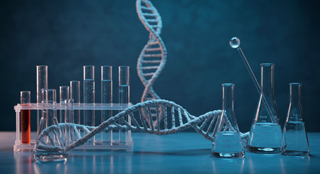 Science laboratory research and development concept. microscope, test tubes and dna moleculeの素材