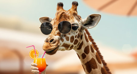 Portrait of giraffe wearing sunglasses and holding a glass of juiceの素材
