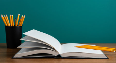 Books and pencils on a green background. Back to school.の素材