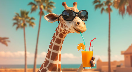 Funny giraffe in sunglasses with glass of orange juice on tropical beach.の素材