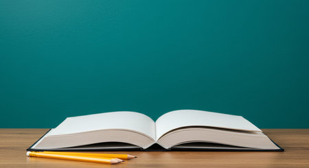 Open book with pencil on wood table and green wall background, education conceptの素材