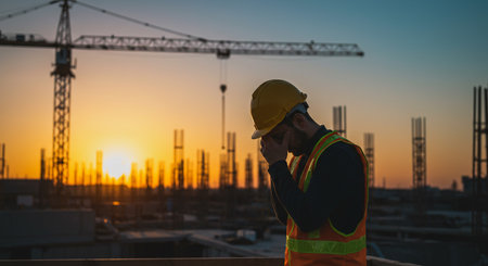 Engineer or foreman working on construction site at sunset or sunriseの素材