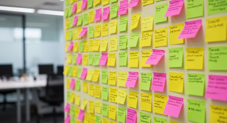 Colorful sticky notes on the wall in the office with copy spaceの素材