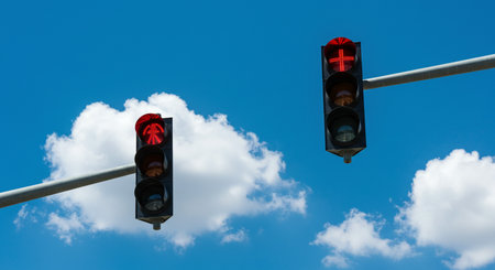 Traffic light with blue sky and white cloud background, traffic lightsの素材