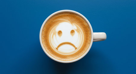 A cup of coffee with a sad face on a blue background.の素材