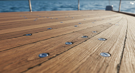 Wooden deck with rivets on the yacht, close-upの素材