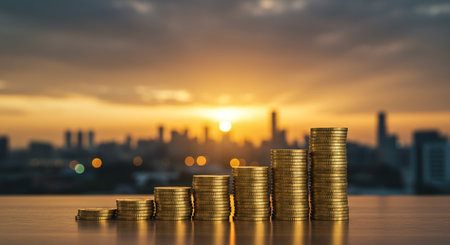 Coins stacked on top of each other with cityscape background, business and financial concept idea.の素材