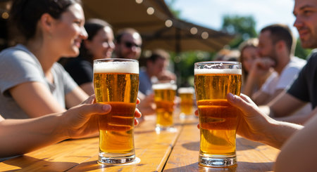 Group of friends clinking glasses of beer at outdoor bar or pubの素材