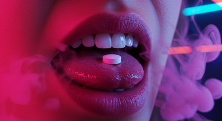 Close-up of female lips with red lipstick and white pills.の素材