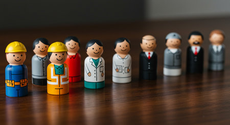 Plasticine figurines of people in a row on wooden tableの素材