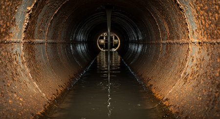 Underground sewer pipe with water flowing through it. 3d illustrationの素材