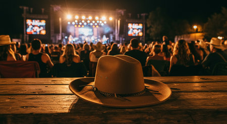 Cowboy hat on a wooden table in front of a crowd at a music festivalの素材