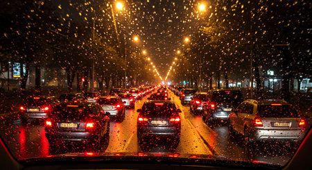 Traffic on a rainy night in Berlin, Germany. Rainy day.の素材
