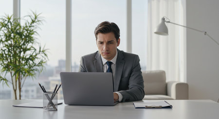 Serious businessman working on laptop at office desk. Serious man in formalwear sitting at workplace and looking at computer screen. Business conceptの素材