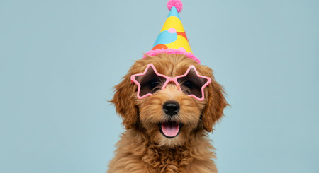 Cute dog with party hat and sunglasses isolated on blue background.の素材