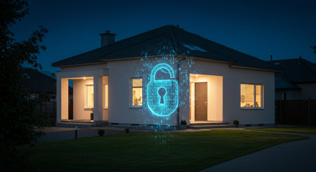 Digital padlock hologram on house exterior at night 3D renderingの素材