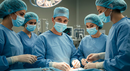 group of surgeons in operating room take with art lighting and blue filterの素材