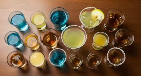 Glasses with tequila and lime on a wooden table, top viewの素材