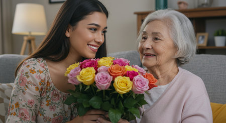 Smiling senior woman with her daughter at home. They are holding a bouquet of roses and smiling.の素材