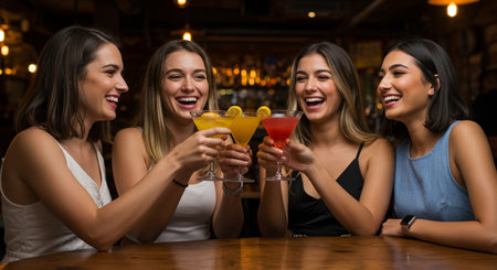 Group of young women having fun in a bar, drinking cocktails.の素材