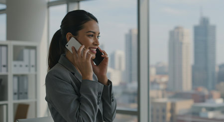 african american businesswoman talking on mobile phone in modern officeの素材