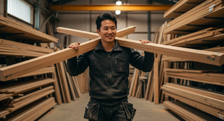 portrait of young asian worker holding wooden plank in factory warehouseの素材