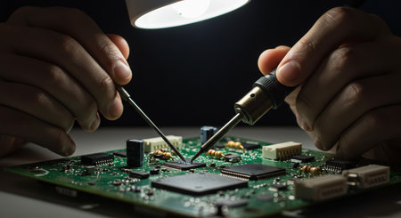 Technician repairing electronic circuit board with soldering iron, closeupの素材
