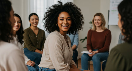 smiling african american businesswoman sitting with colleagues in officeの素材