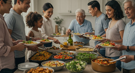 Group of multiethnic people having dinner together at home. Asian people having dinner together.の素材