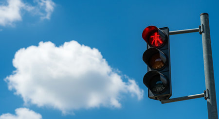 Traffic light with red signal on blue sky background with white cloudsの素材