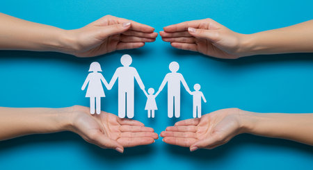 Hands holding paper family on blue background. Family insurance concept.の素材