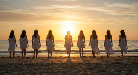 Silhouette of a group of women in a white dress walking on the beach at sunsetの素材