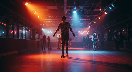 Young man on roller skates in a dark room with neon lightsの素材