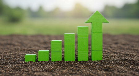 Green wooden bar graph growing on the ground. Business growth concept.の素材