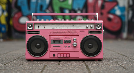 Pink vintage boombox on the pavement with graffiti on the wallの素材