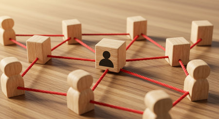 Wooden figures of people connected by red ropes. Social network conceptの素材