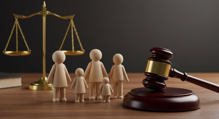 Family law concept. Gavel and scale of justice and family.の素材