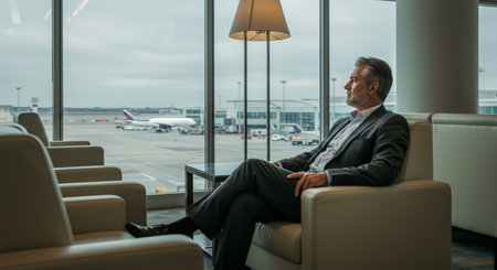 Mature businessman sitting in an airport lounge waiting for his flight.の素材