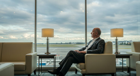 Mature businessman sitting in an airport lounge and waiting for his flightの素材