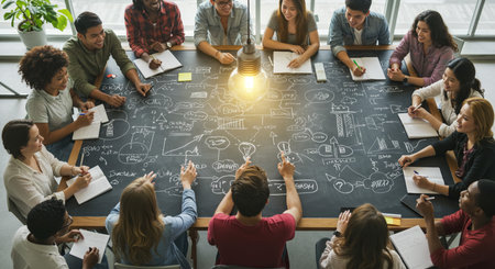 Business Brainstorming Meeting Brainstorming Teamwork Concept. Graphic interface showing ideas planning, strategy planning, project management, financial report.の素材