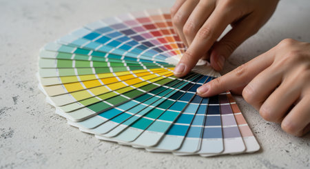Close-up of female designer choosing color from color swatches paletteの素材