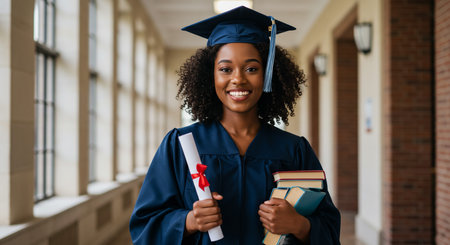 Portrait of happy african american female graduate holding diploma and booksの素材