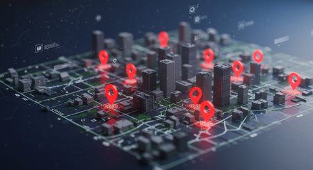 3d illustration of city map with pins on circuit board background.の素材