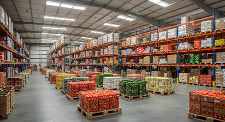 Warehouse interior with shelves full of boxes and containers with food productsの素材