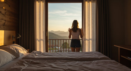 Young woman in a hotel room looking out the window at the sunsetの素材
