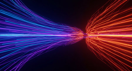 3d rendering of abstract technology background with glowing lines in space.の素材