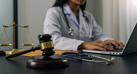 Female doctor working with laptop and gavel on table in medical office.の素材